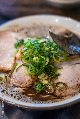 Obraz na płótnie Spicy tonkotsu yobimodoshi ramen with block fried onion oil, Kurume ramen, Fukuoka, Japan w salonie