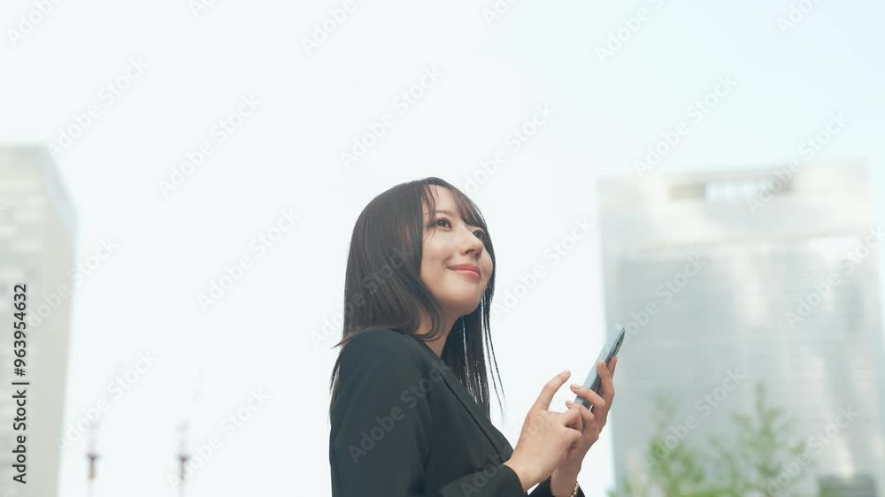 街の中心でスマホを使う女性ビジネスパーソンのサークルショット 街の中心でスマホを使う女性ビジネスパーソンのサークルショット