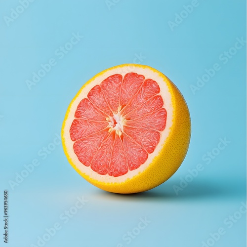 A vibrant grapefruit half displaying its juicy pink interior against a soft blue backdrop. Perfect for food and health themes.