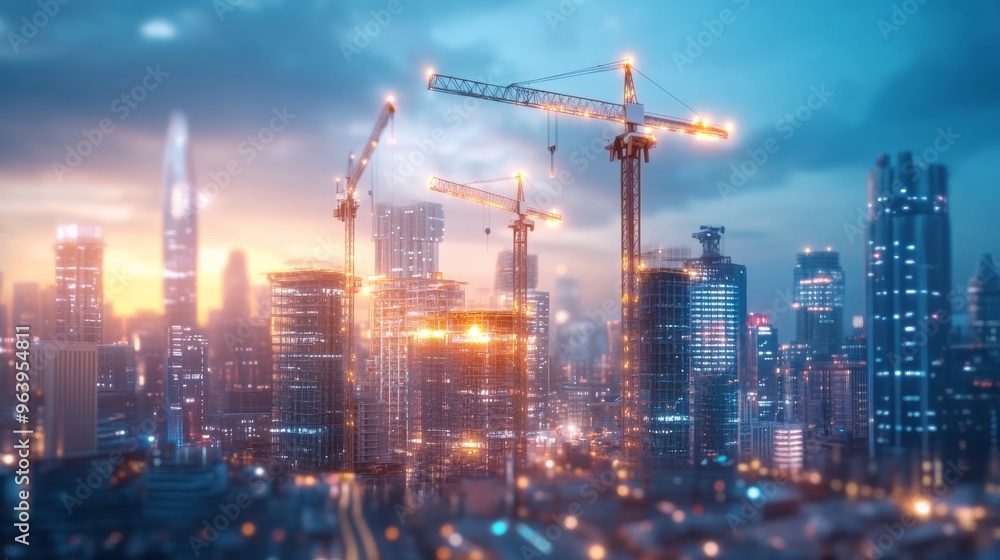 A high-tech construction site with robotic construction equipment and neon-infused building materials A high-tech construction site with robotic construction equipment and neon-infused building materials