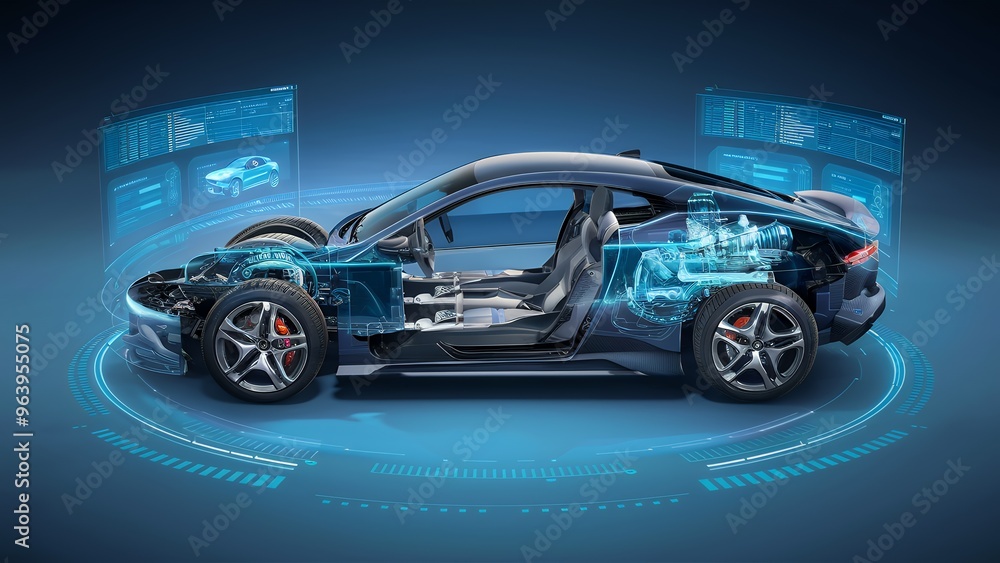 Fototapeta premium A futuristic car with its interior and engine exposed, highlighting technological advancements in automotive design.
