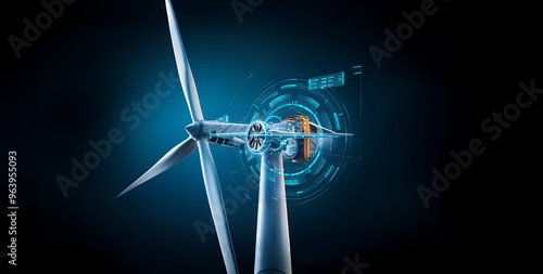 A close-up of a wind turbine with a digital overlay showcasing its internal workings. Digital art