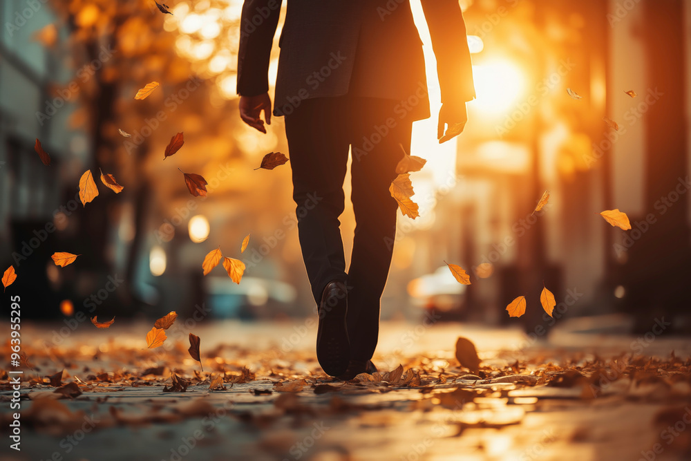 Businessman Walking in the Autumn Sunset Businessman Walking in the Autumn Sunset