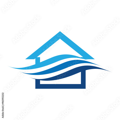 This is a simple flat logo of a house with three wavy lines on the center in blue color
