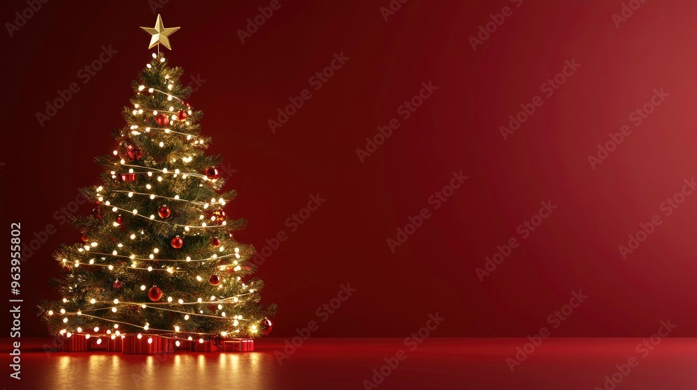 3d Christmas tree with electric lighting decoration on a red background with a bold golden outline. Concept for Xmas Design banner or poster, greeting card, Christmas web header 3d Christmas tree with electric lighting decoration on a red background with a bold golden outline. Concept for Xmas Design banner or poster, greeting card, Christmas web header