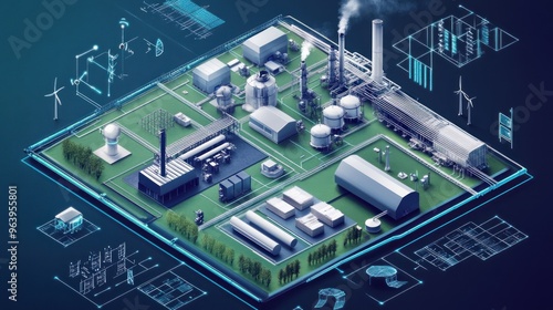 isometric a visual representation of the hydrogen industry's supply chain, from production to end-use 