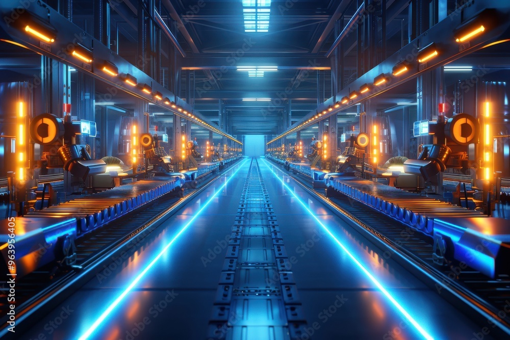 A futuristic industrial setting with a blue and orange color scheme A futuristic industrial setting with a blue and orange color scheme