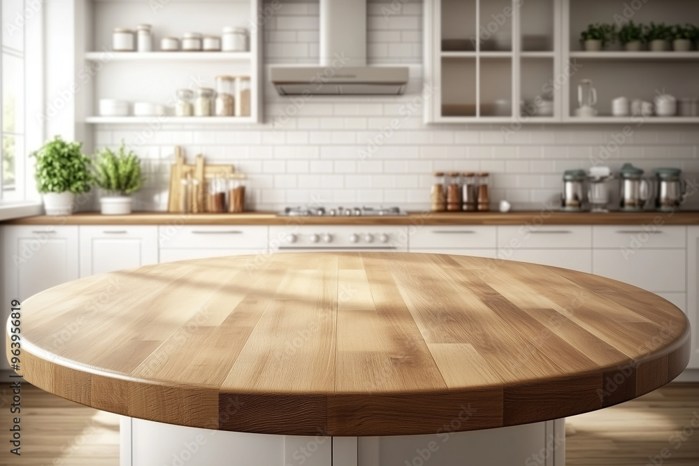Empty wooden round table in modern kitchen Empty wooden round table in modern kitchen