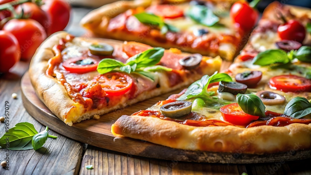 Delicious Pizza with Tomatoes, Olives and Basil. Delicious Pizza with Tomatoes, Olives and Basil.