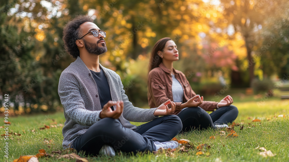 Couple meditating outdoors in autumn park Couple meditating outdoors in autumn park