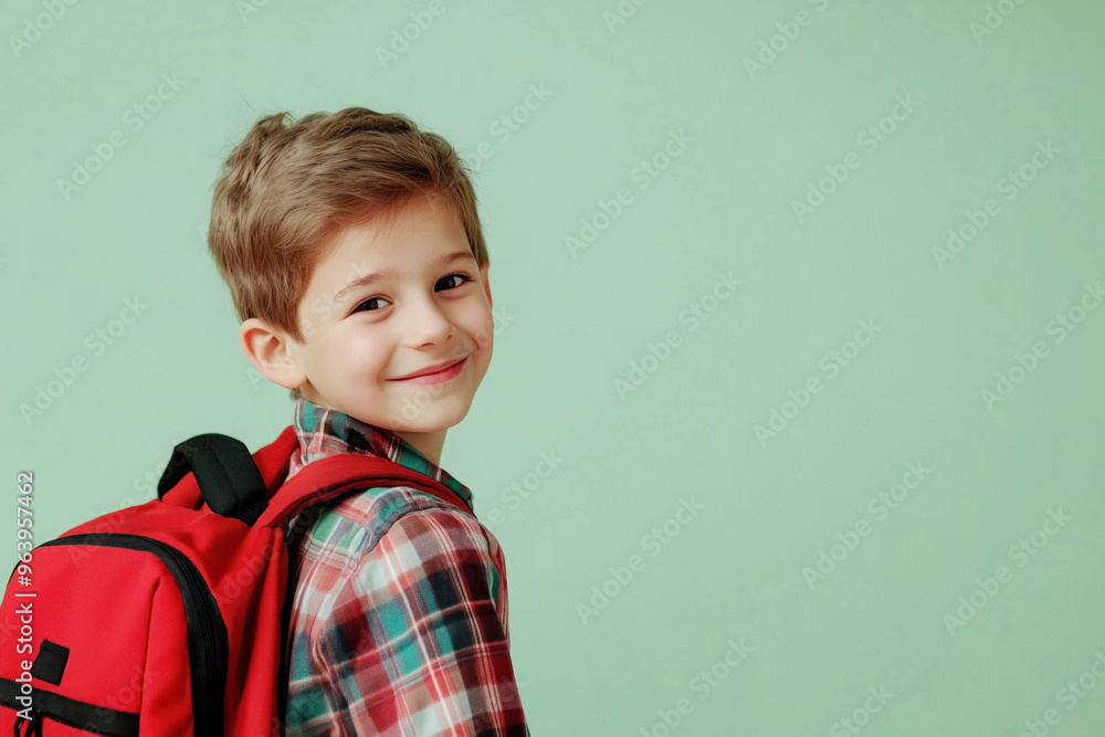 Smiling boy with red backpack on green background Smiling boy with red backpack on green background