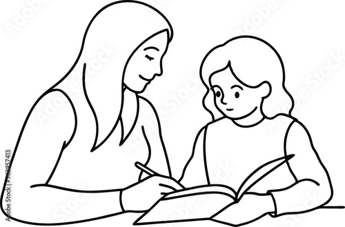 Loving young mother and daughter drawing painting in album or learn to write in notebooks or in writing. Vector Illustration