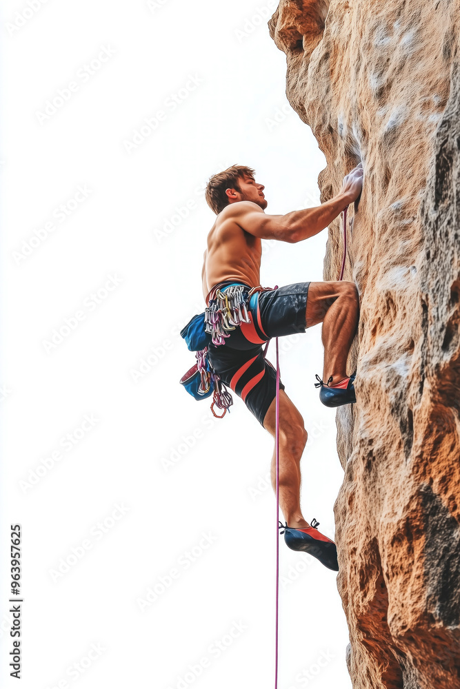 Fototapeta premium Male rock climber ascending a cliff face isolated on white