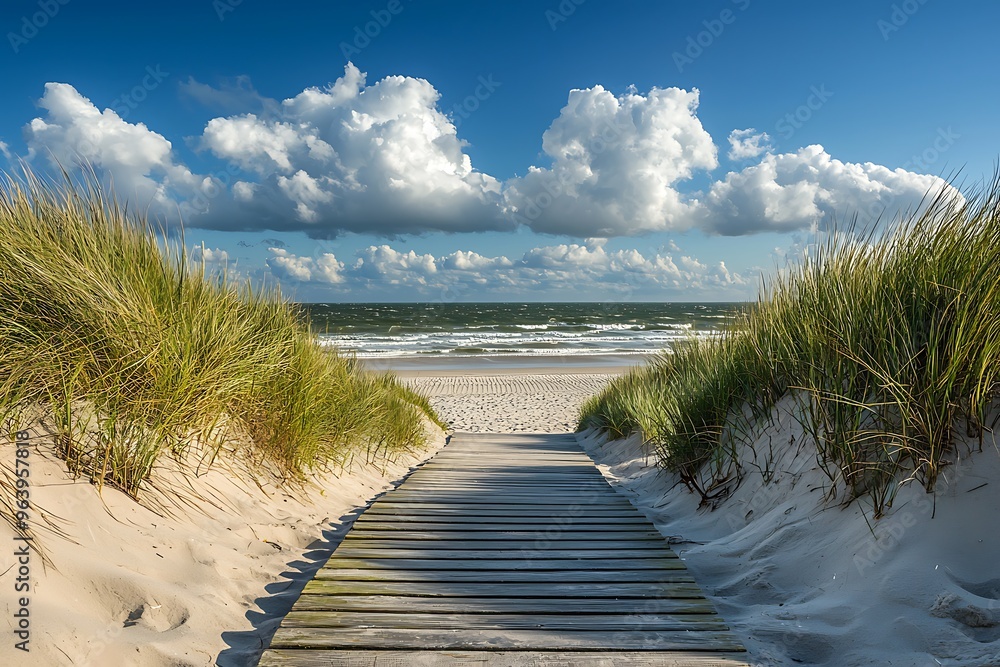 Fototapeta premium Tranquil Beach Pathway Through Dunes Under a Blue Sky