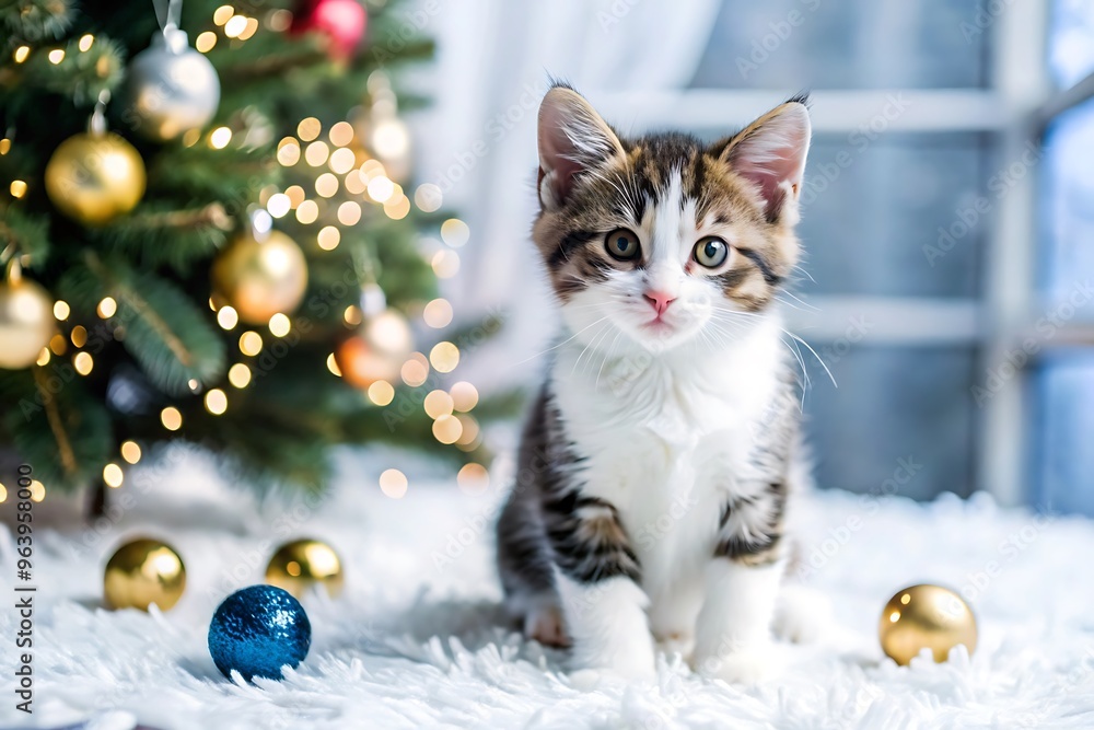 Cute Kitten Under Christmas Tree. Cute Kitten Under Christmas Tree.