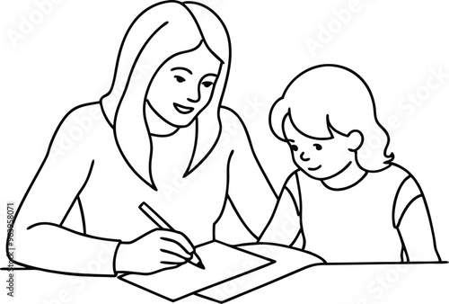 Loving young mother and daughter drawing painting in album or learn to write in notebooks or in writing. Vector Illustration