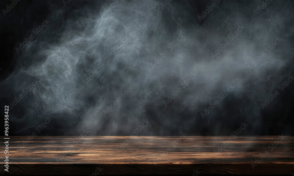 Dark background with a wooden table and smoke for product presentation, creating a dramatic and atmospheric setting for showcasing items with a touch of mystery and elegance Dark background with a wooden table and smoke for product presentation, creating a dramatic and atmospheric setting for showcasing items with a touch of mystery and elegance