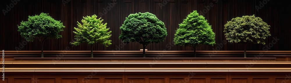A courtroom with tree icons in the decor, symbolizing the importance of forest laws in environmental justice, courtroom tree icons, forest law importance