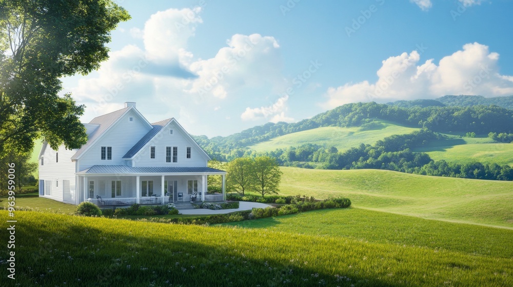 A modern farmhouse blueprint with a 3D model
