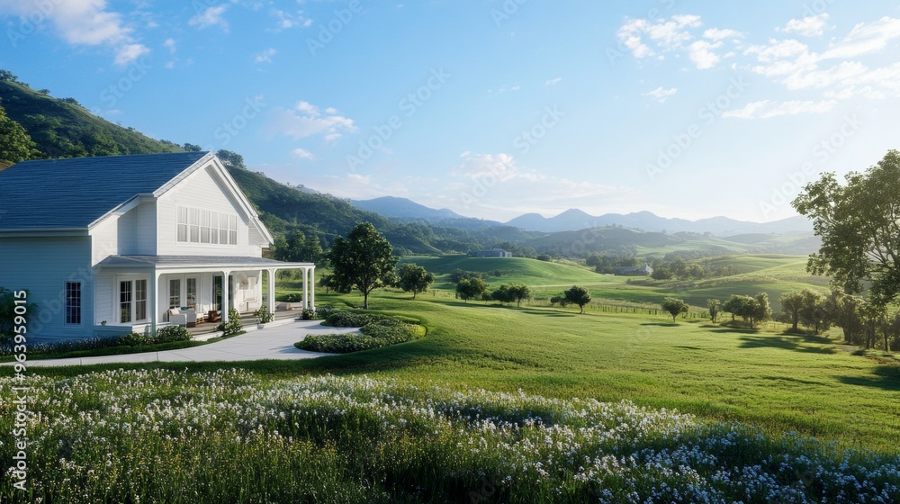 A modern farmhouse blueprint with a 3D model A modern farmhouse blueprint with a 3D model