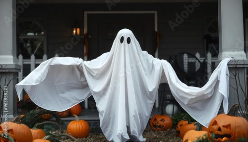 Front Porch Phantom: A classic Halloween ghost stands amidst a porch full of pumpkins, ready to spook trick-or-treaters.  photo