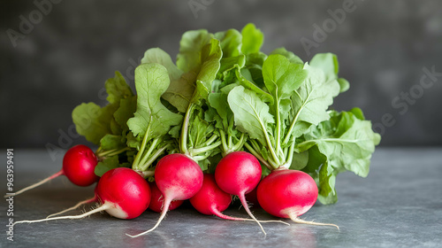 Fresh Red Radishes with Green Leaves on Dark Background