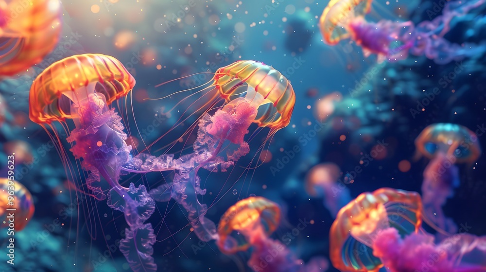 Vibrant Jellyfish in Underwater Paradise Vibrant Jellyfish in Underwater Paradise