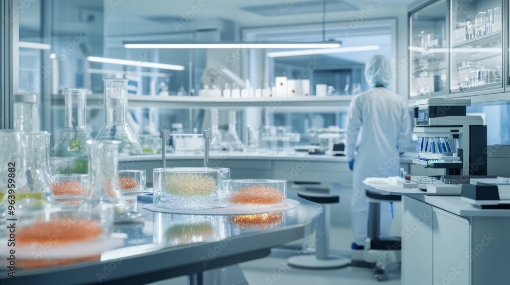 A modern microbiology lab with transparent microbial cultures and glowing pathogen models style A modern microbiology lab with transparent microbial cultures and glowing pathogen models style