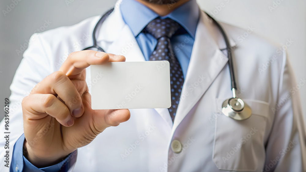 Doctor in medical gown with stethoscope on neck, holding blank business card with space for text Doctor in medical gown with stethoscope on neck, holding blank business card with space for text