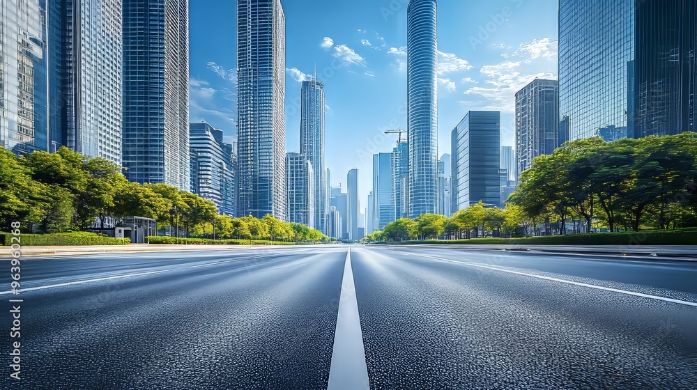 Fototapeta premium 高層ビルとまっすぐな道