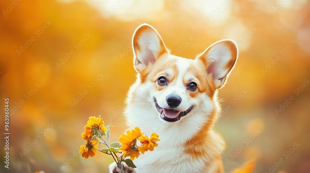Smiling cute corgi holding a vibrant bouquet of colorful flowers, isolated on a warm background. Adorable pet scene with a playful dog showcasing cheerful and heartwarming vibes, Smiling cute corgi holding a vibrant bouquet of colorful flowers, isolated on a warm background. Adorable pet scene with a playful dog showcasing cheerful and heartwarming vibes,