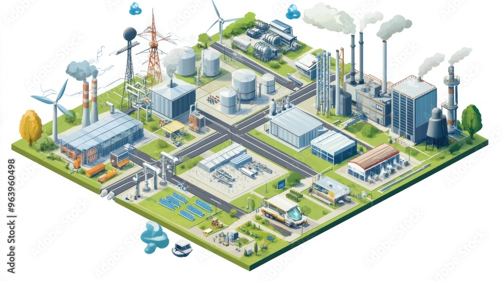 isometric of a visual representation of a hydrogen economy, with industries, transportation, and homes powered by hydrogen isometric of a visual representation of a hydrogen economy, with industries, transportation, and homes powered by hydrogen