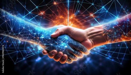 Wallpaper Mural two hands shaking hands, but with a futuristic visual effect. The hands look like they are made of sparkling light particles, with striking blue and orange colors. The background shows a connected  Torontodigital.ca
