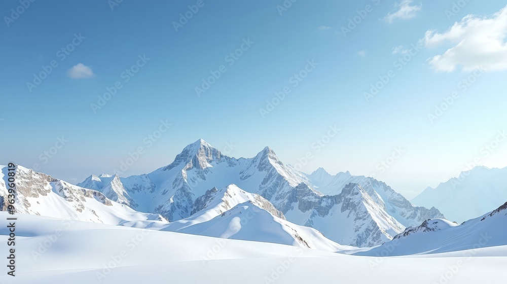 Obraz premium Winter Wonderland Mountain Peaks Under Clear Blue Sky with Fluffy Clouds