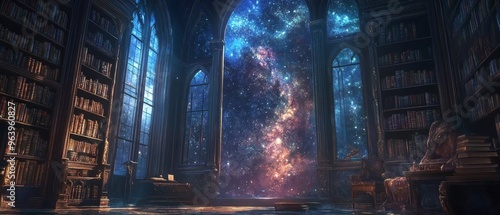 Enchanting Grand Wizards' Study in Magical Tower under Mystical Night Sky
