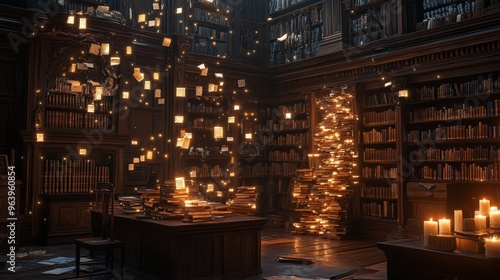 Enchanted Library: Mystical Study Room with Levitating Books, Illuminated Candles & Vintage Wooden Furnishings