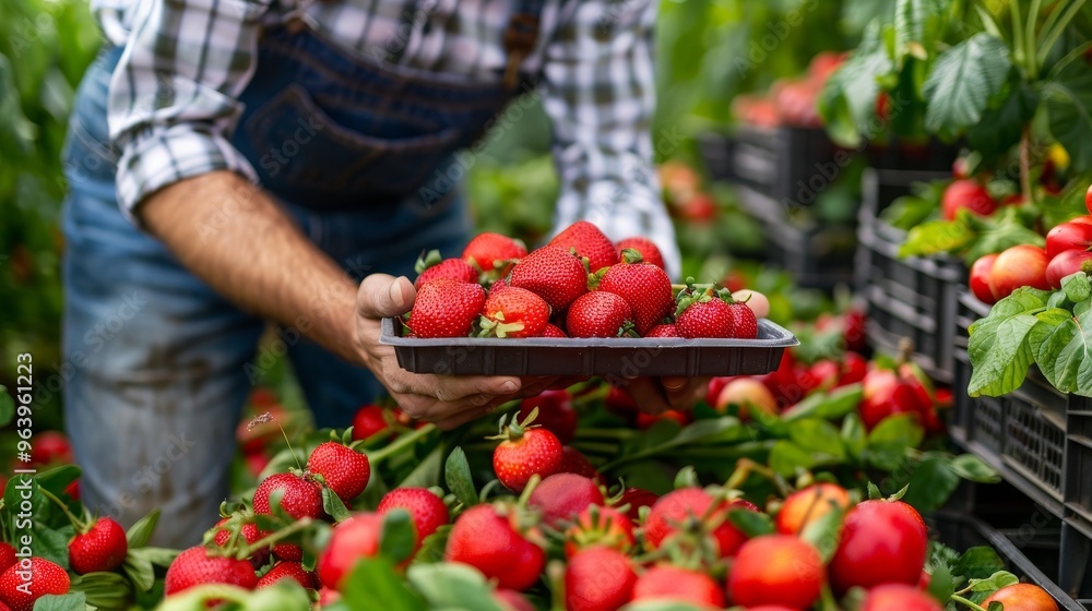 Fresh Strawberries Harvest Farmer Holding Tray of Red Berries Fresh Strawberries Harvest Farmer Holding Tray of Red Berries