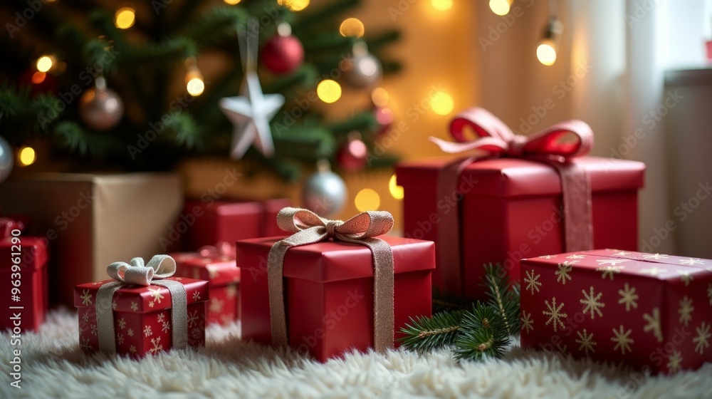 Festive Holiday Morning Unwrapping Presents with Illuminated Christmas Tree Festive Holiday Morning Unwrapping Presents with Illuminated Christmas Tree