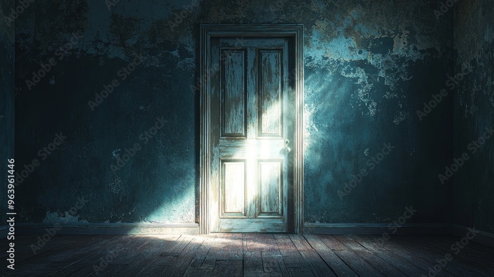 A door is open in a dark room with sunlight shining through it A door is open in a dark room with sunlight shining through it