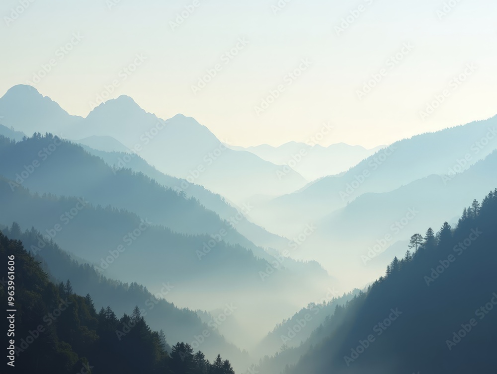 Misty Sunrise Over Mountain Valley With Peaks Emerging Misty Sunrise Over Mountain Valley With Peaks Emerging