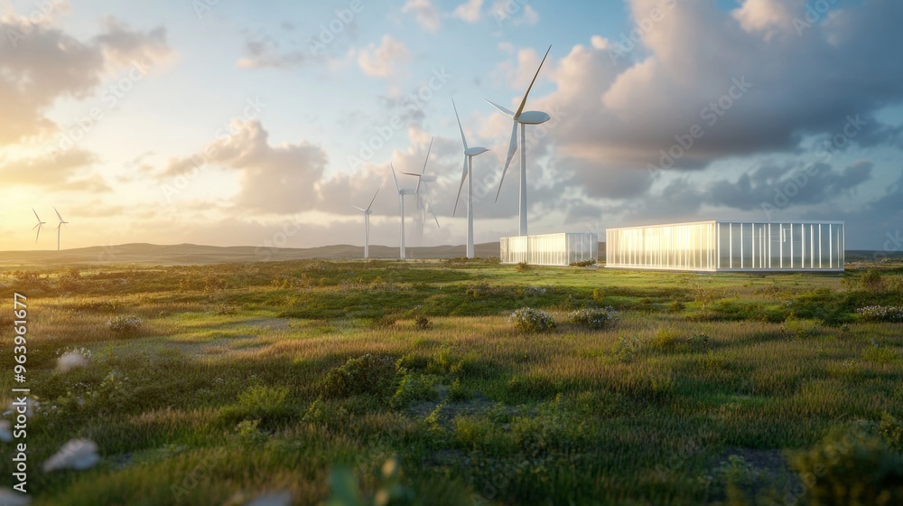 Obraz premium A modern wind farm with transparent turbines and glowing energy storage units