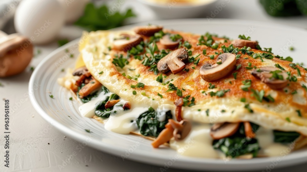A close-up of a spinach omelet with mushrooms, onions, and melted cheese. A close-up of a spinach omelet with mushrooms, onions, and melted cheese.