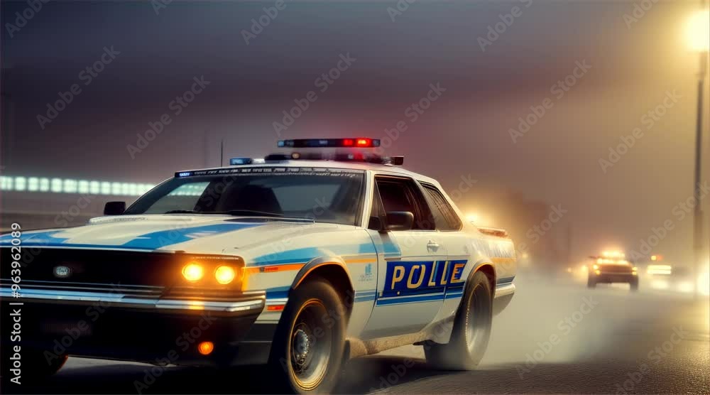 Emergency services police vehicles in action featuring a cop car with lights and sirens on. Red and blue flashing lights, police car at night in the city. Emergency services police vehicles in action featuring a cop car with lights and sirens on. Red and blue flashing lights, police car at night in the city.