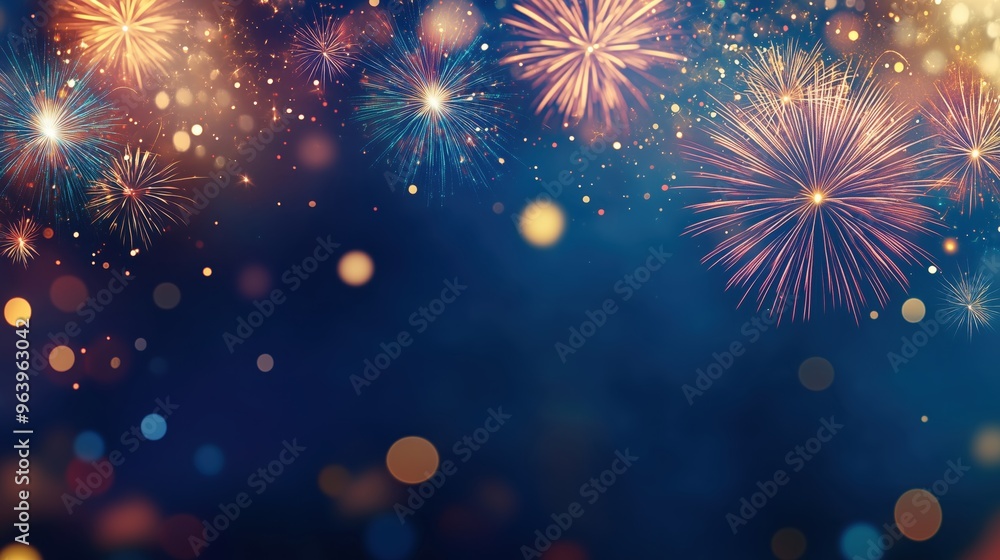 Fototapeta premium Festive Fireworks Display on Dark Night Sky: New Year's Eve Celebration Background with Sparkling Lights and Bokeh Effect 