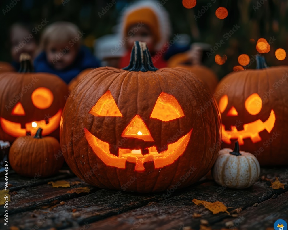 A jack-o'-lantern shines brightly on a table during a Halloween event, with other pumpkins and indistinct figures in the background. A jack-o'-lantern shines brightly on a table during a Halloween event, with other pumpkins and indistinct figures in the background.