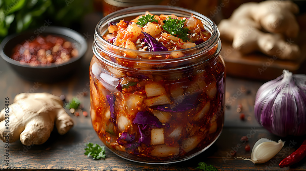 A close-up of a jar of homemade Kimchi. A close-up of a jar of homemade Kimchi.