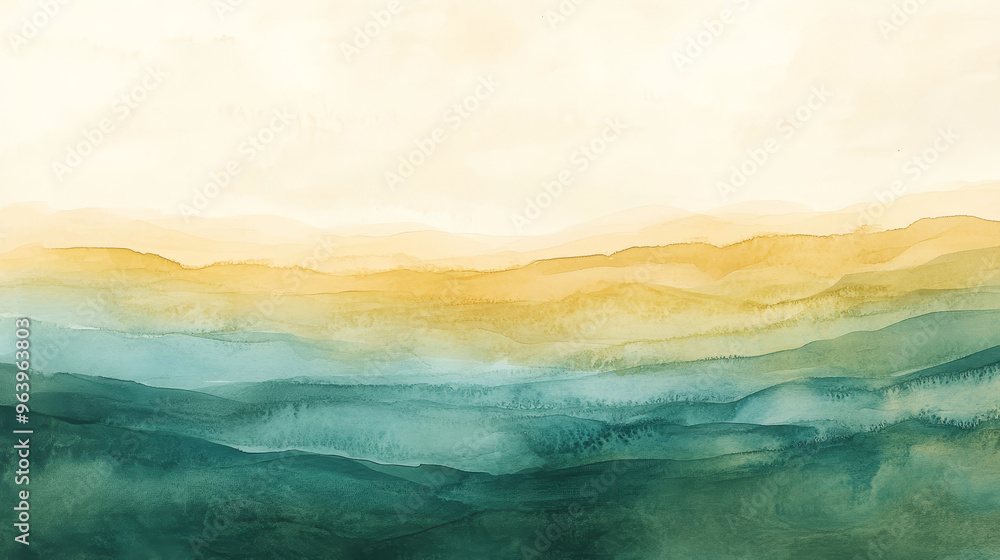 Serene abstract landscape with watercolor textures in soft green and yellow hues, evoking sense of calm and tranquility. Serene abstract landscape with watercolor textures in soft green and yellow hues, evoking sense of calm and tranquility.