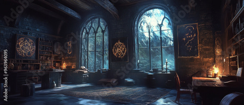 A mystical wizards study with large windows, filled with books and magical artifacts, creates an enchanting atmosphere.