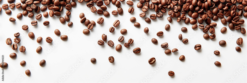 Top view of the coffee beans, which are scattered carelessly on a white background. Top view of the coffee beans, which are scattered carelessly on a white background.