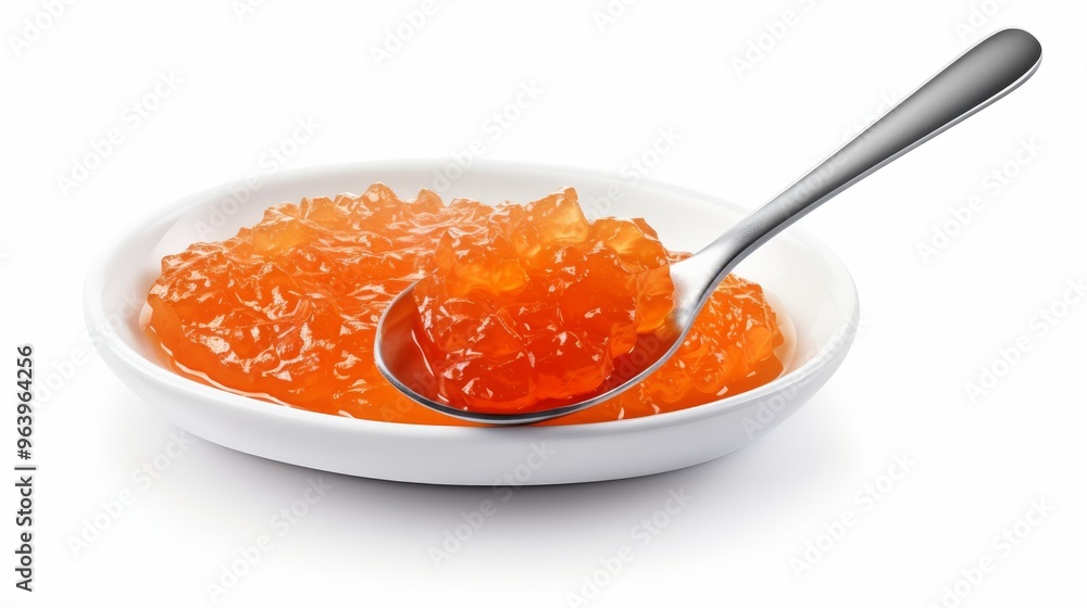 Delicious orange jelly served on a white plate with a silver spoon resting beside it Delicious orange jelly served on a white plate with a silver spoon resting beside it